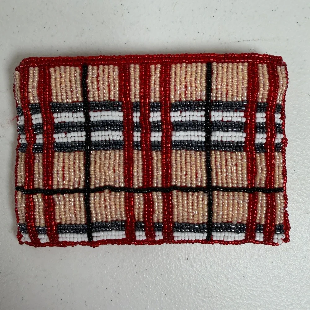 Vintage Coin Purse Plaid Beaded Red Tan White Black Zippered Card ID Pouch
